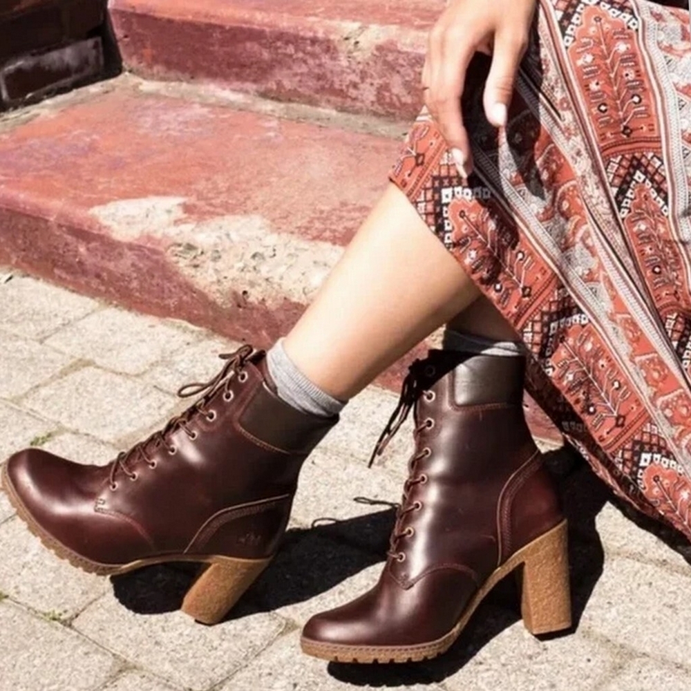Timberland Burgandy Glancy Lace-up Leather Factory Distressed Boots 7.5
